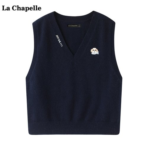 拉夏贝尔/La Chapelle学院风刺绣针织马甲女冬季新款坎肩外搭背心