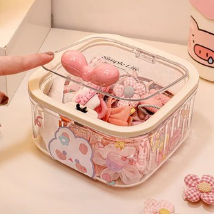 桌面发饰收纳盒卡通带盖桶床头整理筐女发圈皮筋头绳可爱发夹盒子