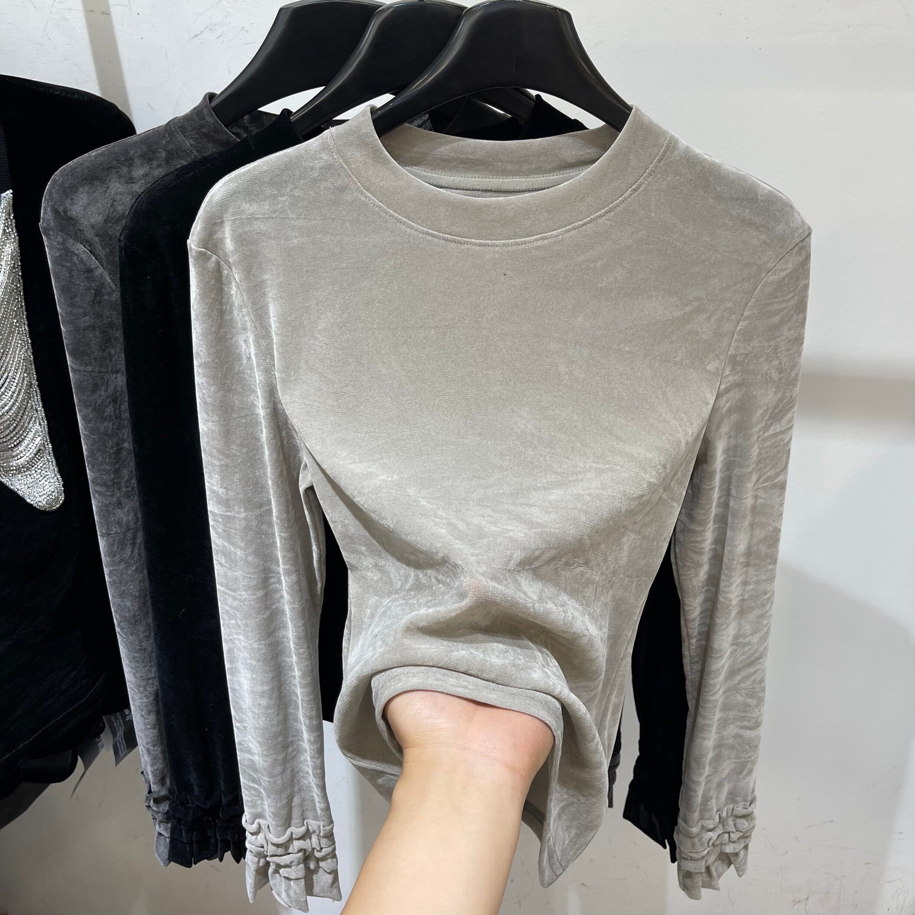 设计感袖边褶皱拼接长袖丝绒T恤女2026早春新款显瘦洋气亲肤上衣