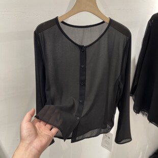 黑色雪纺衫圆领纽扣长袖开衫女2026夏季新款防晒衫休闲气质上衣薄