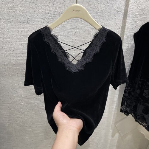 丝绒V领蕾丝露背绑带短袖T恤显瘦