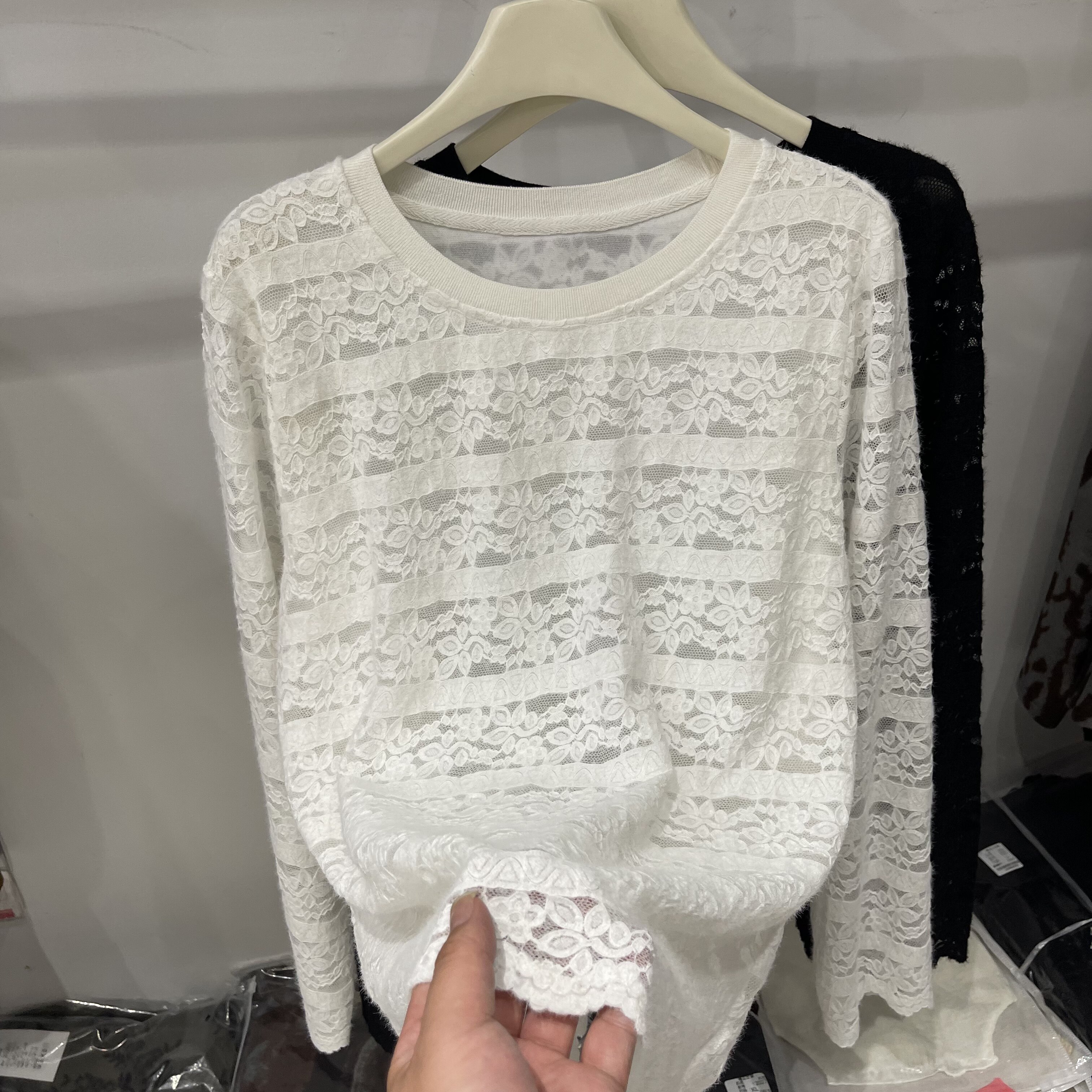 慵懒风圆领镂空磨毛蕾丝衫女休闲