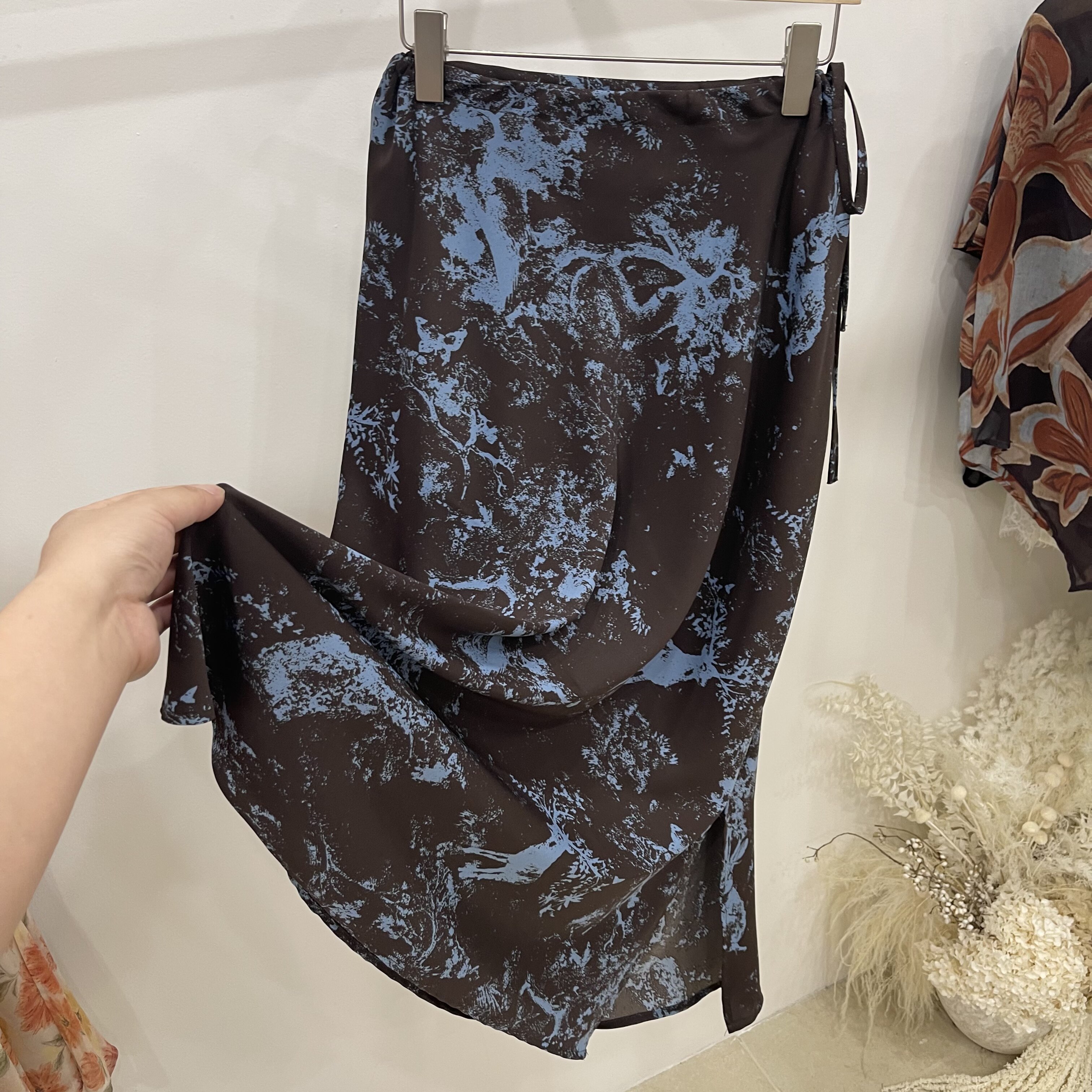 复古印花高腰系带半身裙女开叉