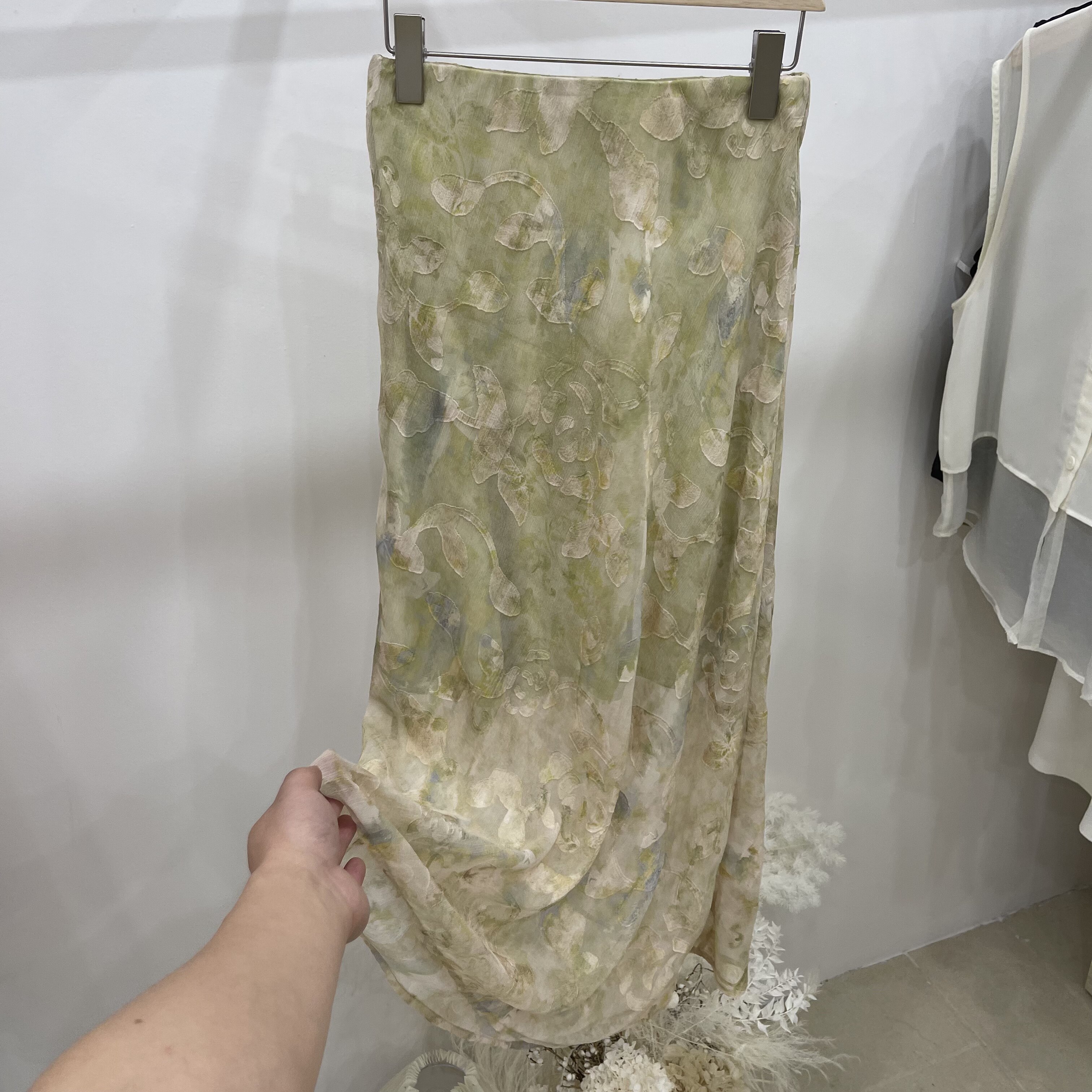 青绿色复古高腰印花半身裙女A字