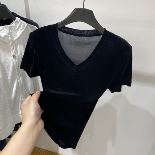 黑色丝绒V领短袖垫肩T恤女百搭