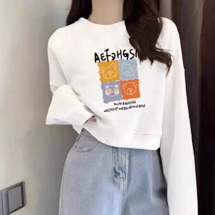 韩系chic纯棉短款圆领卫衣女春秋宽松独特绝美小个子高腰短上衣