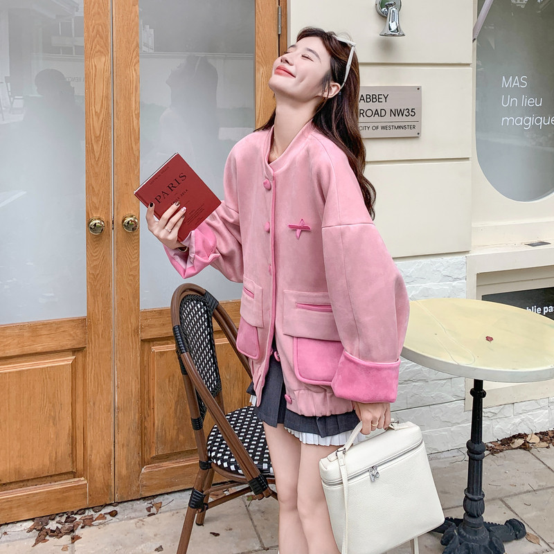 甜美减龄撞色拼接立领外套女2025秋季超火减龄学院风宽松休闲夹克,女装套装/套裙,2C155