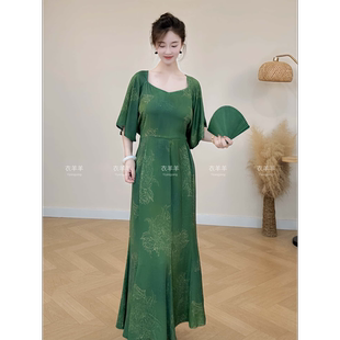 夏季新款棉绸印花气质显瘦复古鱼尾裙修身女连衣裙中古风大码宽松
