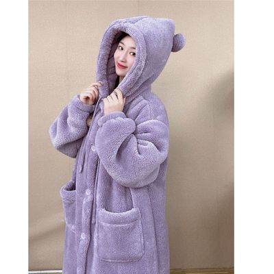 【极寒系列】加绒连帽外穿加厚保暖中长款睡衣家居服情侣睡袍套装