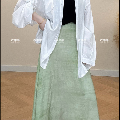 夏季棉绸贡缎绿色高腰显瘦半身裙时尚百搭通勤中长款A字裙法式