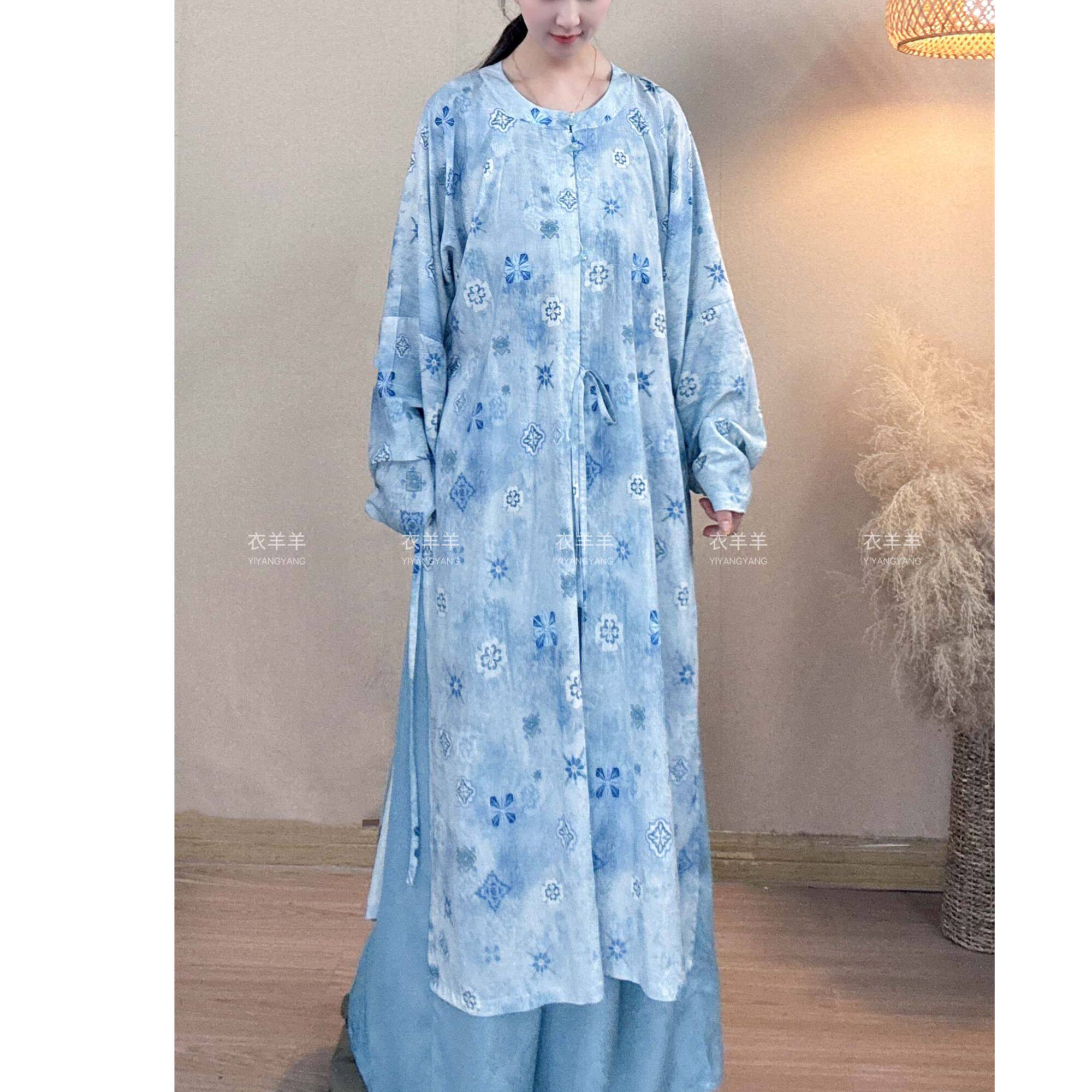 夏季宽松棉绸明制汉服圆领衫大码气质复古上衣万历长衫弓袋袖女