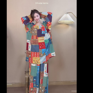 薄款 棉绸家居服套装 长袖 时尚 一字 防凸点睡衣女休闲夏季 衣羊羊