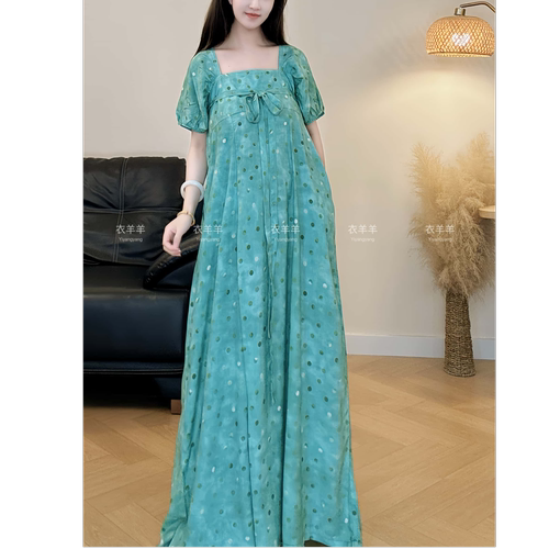 夏棉绸新款气质显瘦大码女士中长款国风连衣裙法式泡泡袖优雅长裙