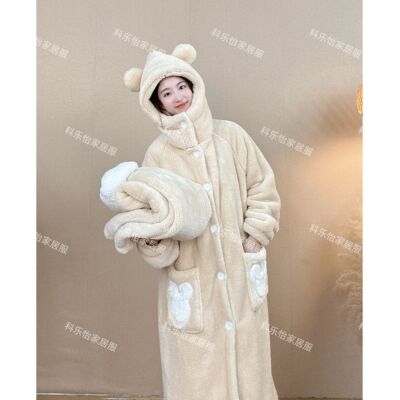 秋冬加厚保暖睡衣家居服套装双层中长款睡袍毛绒浴袍时尚男女款