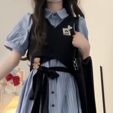 大码胖mm学院韩系学院甜美条纹连衣裙