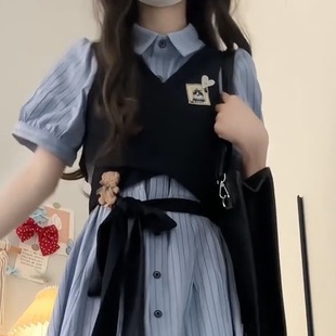 大码 衬衣假两件高级 胖mm学院韩系学院甜美条纹连衣裙小众夏季 新款