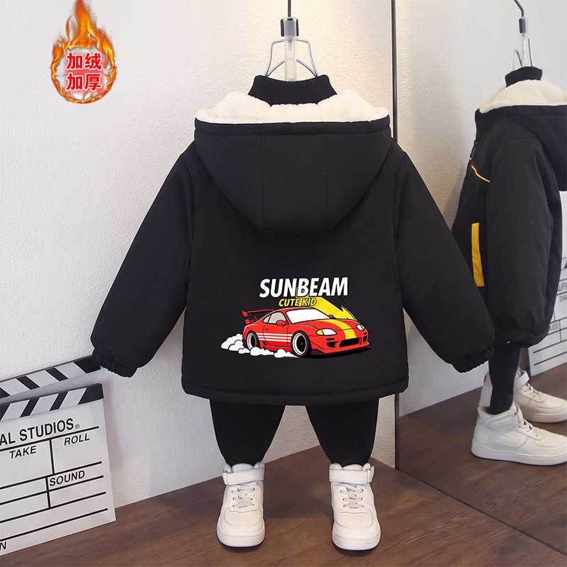 男童加绒棉服冬季连帽赛车背印派克服中大童保暖男孩冬装潮酷外套