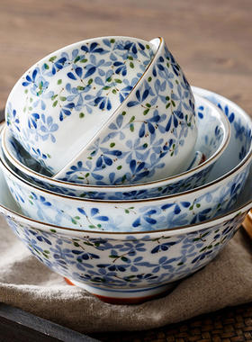 小蓝芽日式餐具大桥日厨陶瓷盘子家用米饭碗中号浅口高脚防烫圆碗