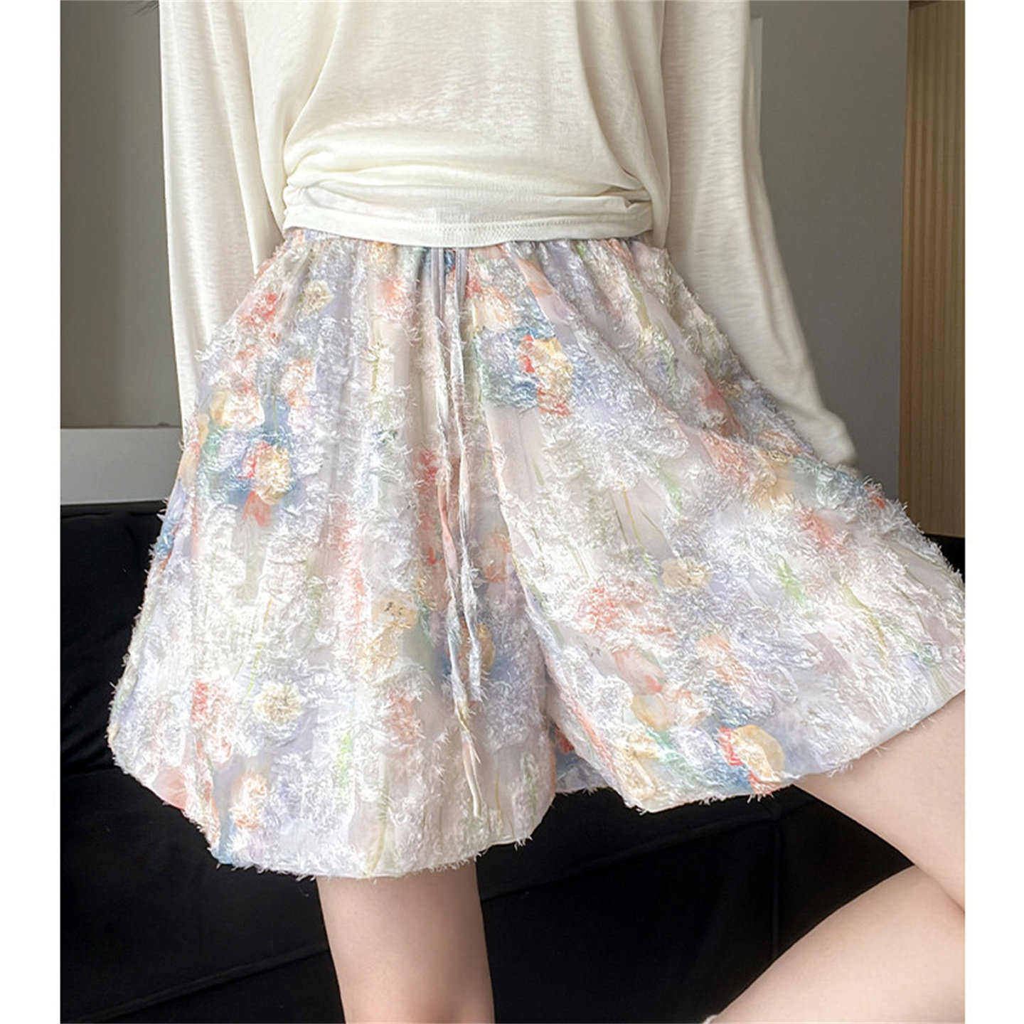 法式莫耐花园渡假风花苞裙裤女图片