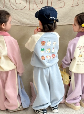 大小卷儿童套装春秋Polo领插肩袖卡通卫衣卫裤2件休闲宽松潮26848