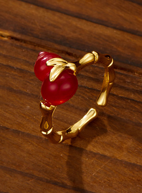 新中式红色葫芦开口戒指时尚创意可调节食指戒新款轻奢高级感指环