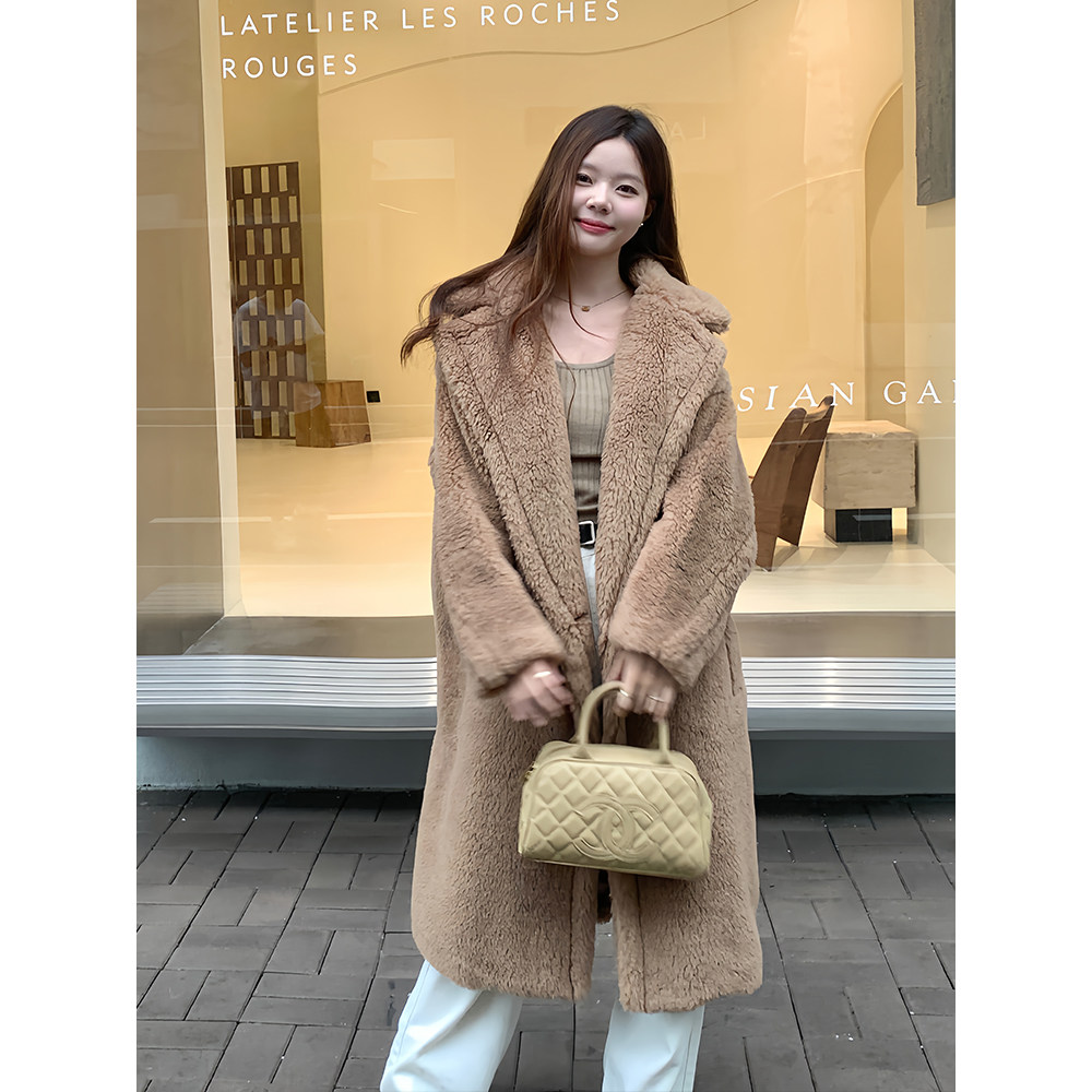 李乔慧皮草M家泰迪熊大衣廓型颗粒羊驼绒teddy外套女长款香草色