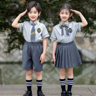 JK制服幼儿园园服毕业照演出服 短袖 灰色英伦风小学生校服套装 夏季