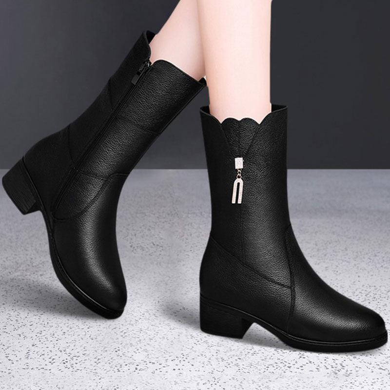 缓震静音品牌真皮秋冬款粗跟女靴