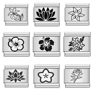 钛钢激光雕刻花卉意大利模块手链 DIY弹力表带链 Italian Charms