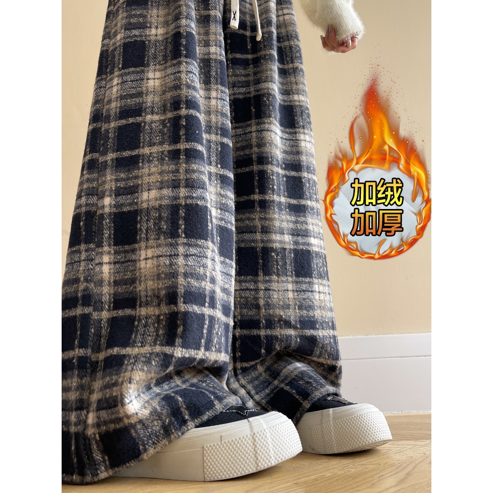 德国进口复古毛呢格子裤子女2025新款秋冬款宽松垂感直筒小个子加