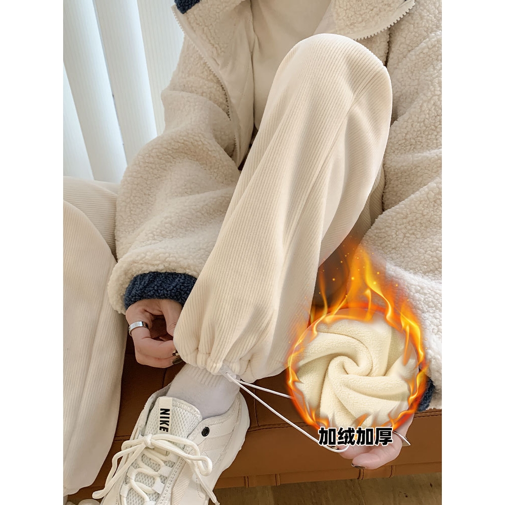 德国进口白色雪尼尔阔腿裤子女加绒抽绳束脚休闲小个子秋冬季加厚