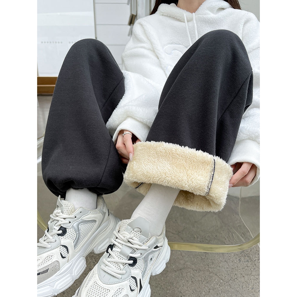 德国进口羊羔绒运动裤秋冬加绒女2025新款加厚保暖棉裤束脚卫裤宽