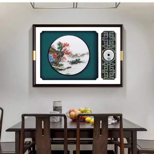 苏绣餐厅画走廊画书房挂画新中式电表箱画立体透纱绣中国风实木框