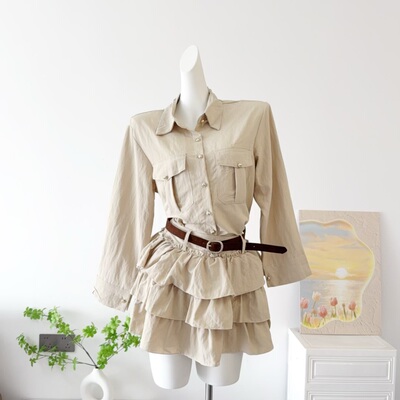 kubiliv松弛holiday法式松弛感亚麻正肩衬衫上衣蛋糕裙两件套