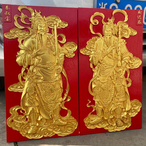中式东阳木雕实木门神装饰画
