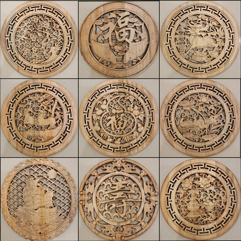 新中式东阳木雕香樟木圆形挂件