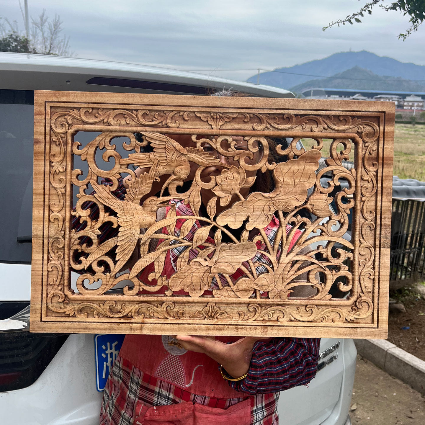 玄关长方形香樟实木东阳木雕镂空小挂件客厅中式创意墙面装饰花片