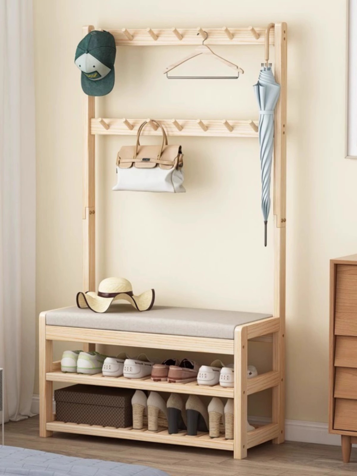 实木衣架2024新型简易门口换鞋凳多功能衣架集成鞋帽组合衣架