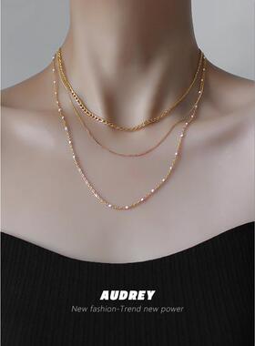 三层叠戴电镀18k金钛钢锁骨链