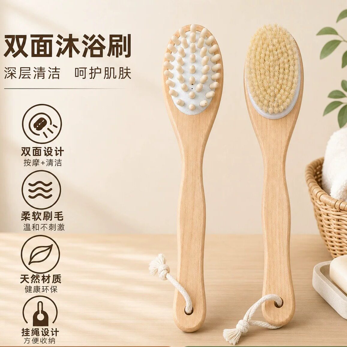长柄双面洗澡刷木制天然猪鬃毛按摩刷二合一两用不求人搓背刷子
