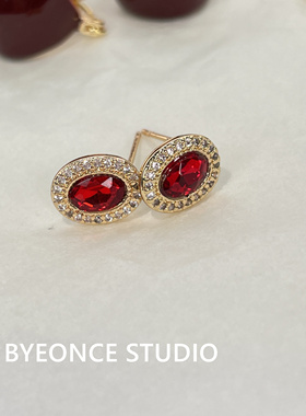 微镶锆石鹅蛋红色爆闪新款爆款椭圆耳钉小巧轻奢耳饰品耳环EH001