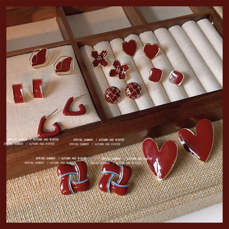 港风复古酒红高级感耳环耳饰