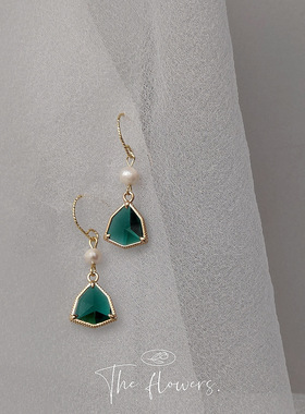 BO丨复古宫廷祖母绿镀14K金玻璃水晶高级感几何耳环女耳饰LB-927