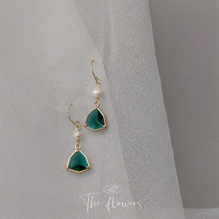 927 复古宫廷祖母绿镀14K金玻璃水晶高级感几何耳环女耳饰LB