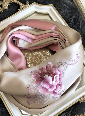 中国风高端苏绣真丝丝巾刺绣围巾女桑蚕丝旗袍披肩丝绸妈妈款礼品