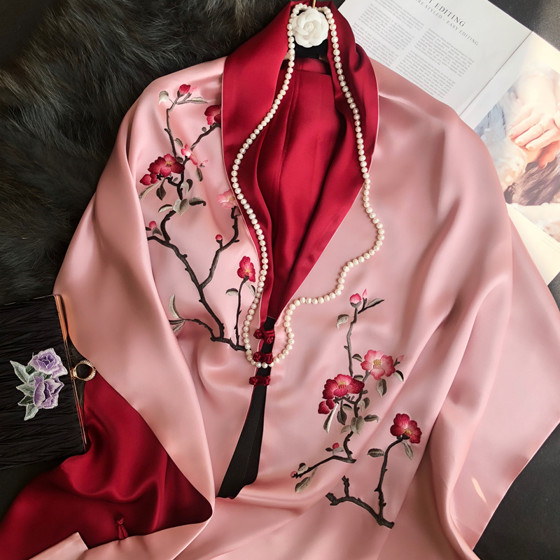 粉红色杭州丝绸高档盘扣真丝刺绣围巾女桑蚕丝苏绣披肩丝巾礼品