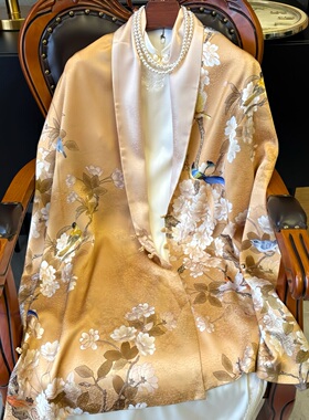 新款国风雪花缎真丝丝巾女桑蚕丝披肩外搭高端丝绸围巾送妈妈礼品