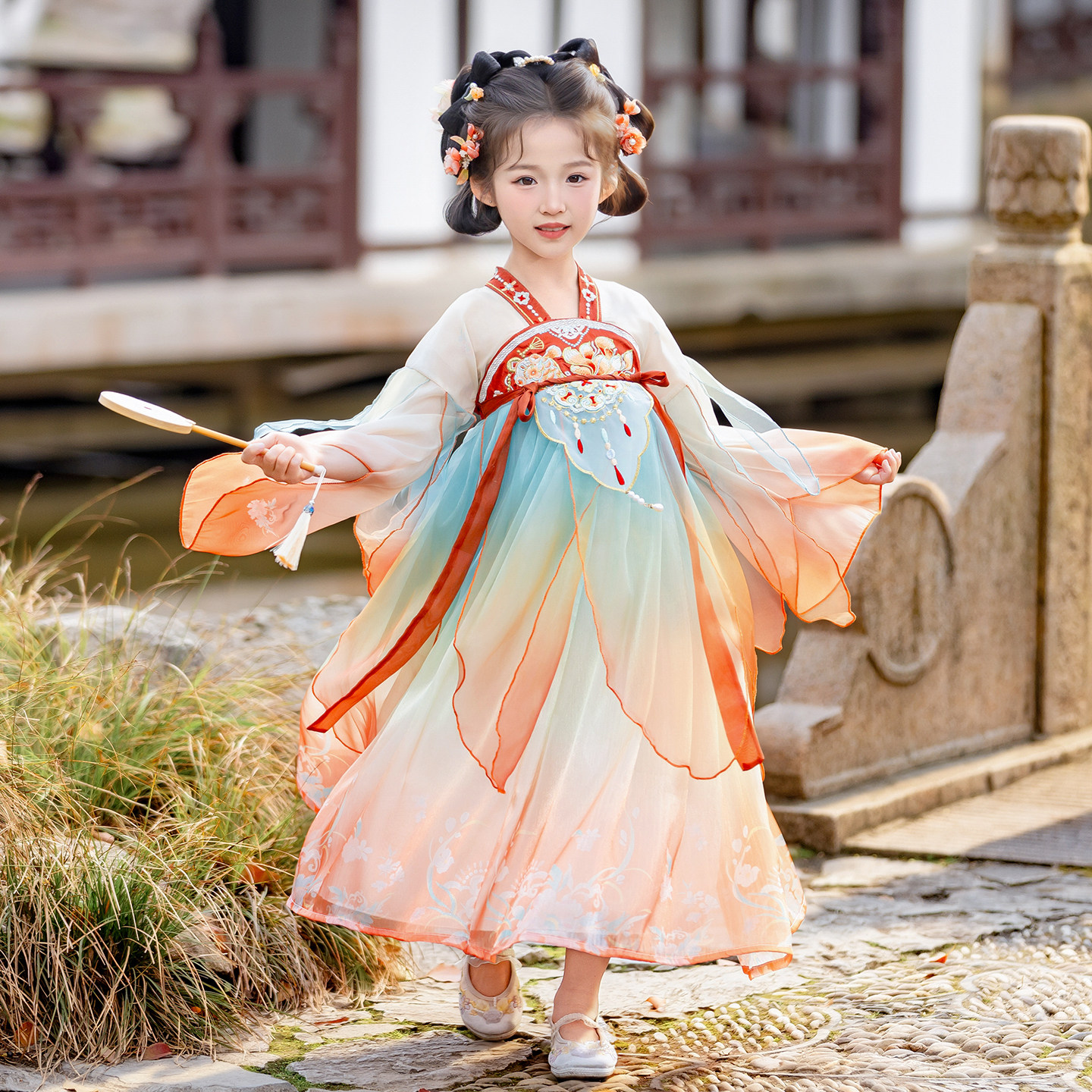 汉服女童2026新款儿童国风唐装春夏长袖古风飘逸公主连衣裙表演服