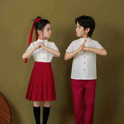 六一儿童合唱服演出服中国风红色表演服装中小学生诗歌朗诵男女童