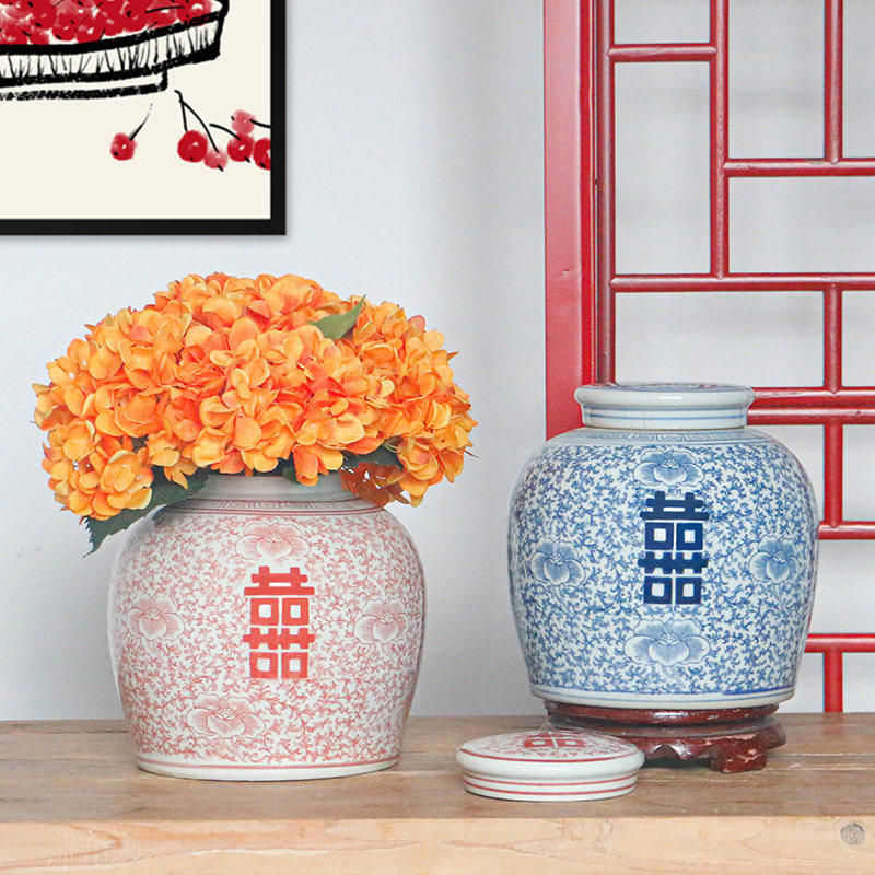 景德镇青花红花瓷古典中式缠枝莲双喜纹陶瓷罐客厅餐厅装饰罐摆件